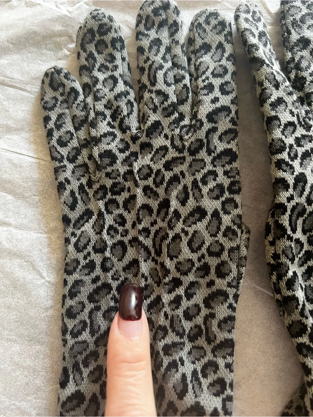 Gray/Black Leopard-Print Stretchy Knit Unlined Long Gloves.